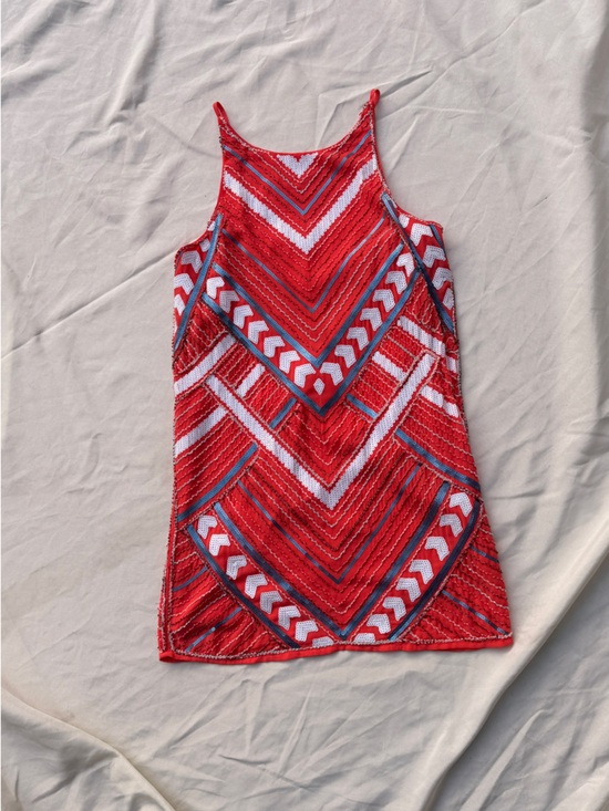 Meghan LA Dresses & Skirts - Meghan LA Red Chevron Beaded Mini Dress with Blue & White Accents